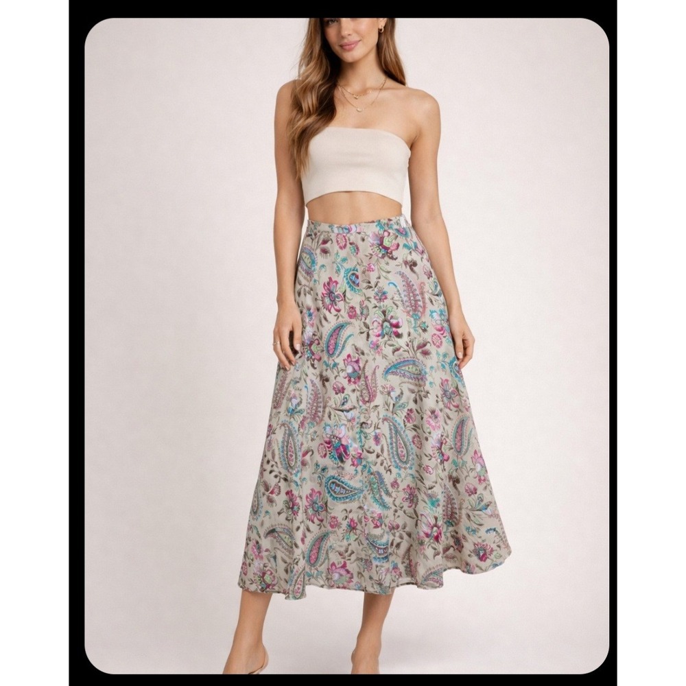 east5th Paisley Floral Midi Skirt Beige Pink Blue Women's Size 14